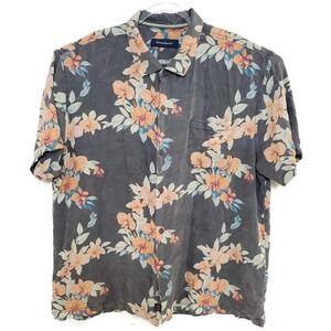 Tommy Bahama Shirt Mens 2XL Gray Silk Floral Hawaiian Aloha Camp Short Sleeve